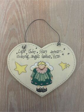 Handcrafted Callahan Cream Heart Plaque with Green Angel and Yellow Stars